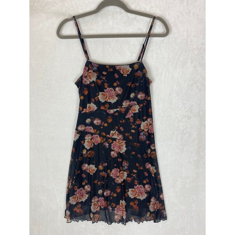 Y2K 90s Spaghetti Strap Arizona Women's Floral Slip Dress Large Black Pink Roses